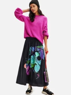 Desigual Jupes Longues Jupe Evase Femme Noir -Parfaite Jupe 60be1385095557ec0037e5c5ceeb8e81